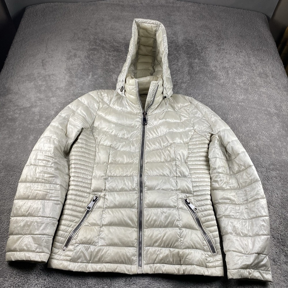 Calvin Klein Packable Lightweight Down‎ Quilted Hooded Jacket Womens Large Beige